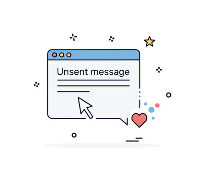 Unsent message concept showing a chat window with a blinking cursor and a small heart icon fading beside it. A subtle and emotional badge style scene about