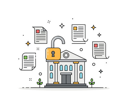 Open data transparency in local government depicted by a civic building with an unlocked padlock and floating data sheets, symbolizing accessibility and public