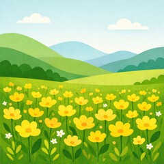 Fototapeta premium Cheerful cartoon landscape of rolling green hills and a field of yellow flowers under a blue sky with clouds