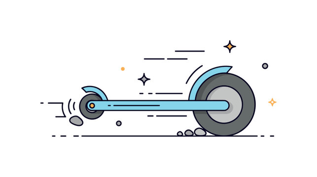 Scooter wheel motion detail single rounded wheel with subtle rotation marks and small pebble accents beneath, emphasizing speed and balance. A bold visual