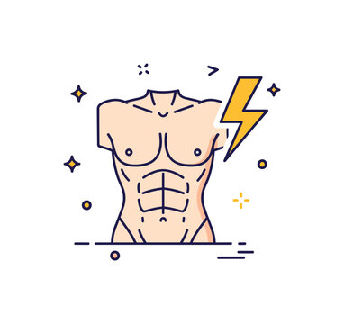 Defined abs gym motivation concept featuring a sculpted torso symbol combined with a minimal lightning bolt accent suggesting power and intensity. A bold
