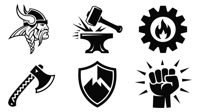 Dynamic medieval icon set with bearded helmet, striking anvil, fiery gear, Celtic axe and mountain shield in bold black, versatile for medieval design projects, game icons, fantasy illustrations and 