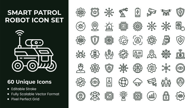 Smart patrol robot line icon set with autonomous security monitoring surveillance sensors and guard technology symbols