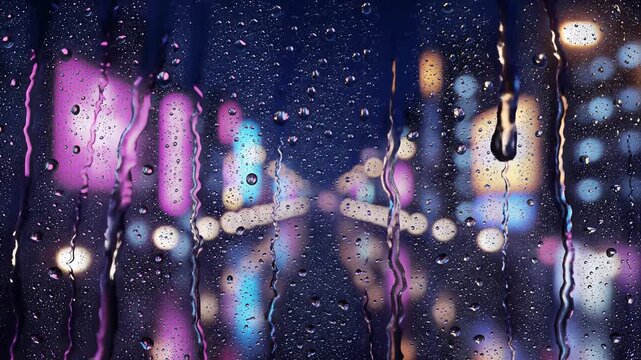 Raindrops on Glass Window with Blurred City Lights at Night for Urban Background