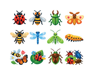 Fototapeta premium Garden insects. Colorful flat vector icons set of garden insects: ladybug, hoverfly, beetle, moth, wasp, dragonfly, lacewing, insect larva, pollinator mix,
