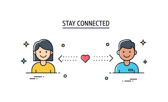Friends long distance communication scene featuring two smiling avatars connected by a dotted line and a small heart between them, representing staying close