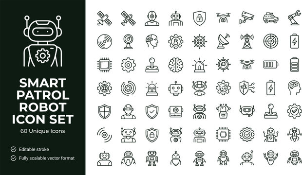 Smart patrol robot line icon set with surveillance monitoring automation security sensors and autonomous technology symbols