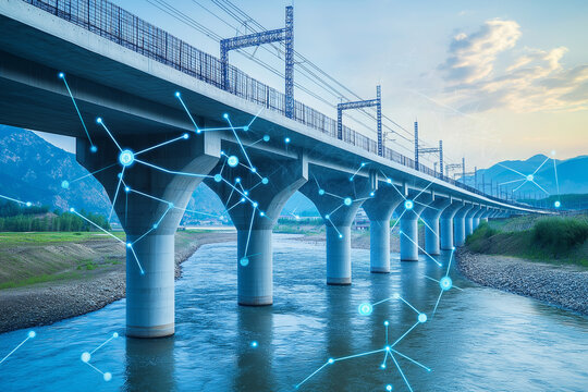 Advanced IoT sensors and devices tracking and analyzing the progress of a bridge construction project over a river providing real time data and insights to optimize the infrastructure development