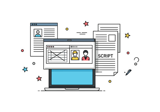 Storyboard sketches and a laptop with script pages around, small stars and dots emphasizing television script planning, scene development, and creative