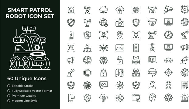 Smart patrol robot line icon set with surveillance security monitoring sensors and autonomous guard technology symbols