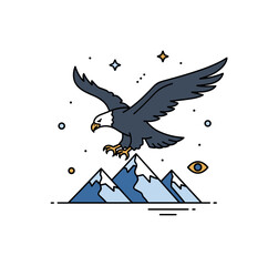 Fototapeta premium Eagle glide powerful eagle silhouette with strong wing span positioned above simplified mountain peaks. A modern concept badge about strength, vision, and high