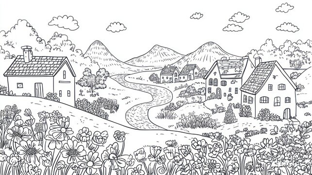Black and white village landscape coloring page