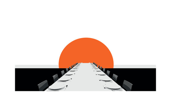 Monochrome long banquet table extending into perspective, bold orange half-circle behind like warm sunset, thin horizontal baseline grounding the arrangement,