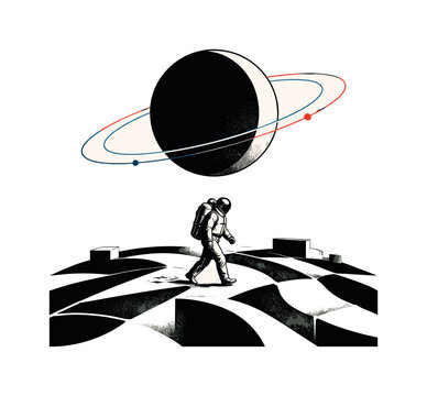 black and white astronaut walking across an abstract moon surface made of curved geometric shapes and blocks, large contrasting circle planet above with