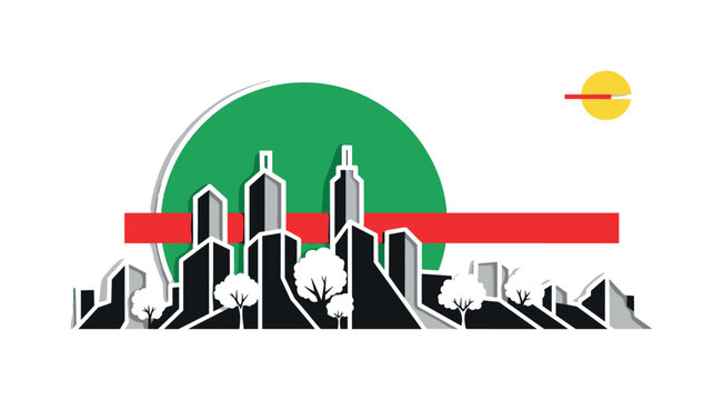 Black and white urban park skyline with trees integrated into geometric floodwall shapes, bold green dominant circle behind skyline, sharp red horizontal bar