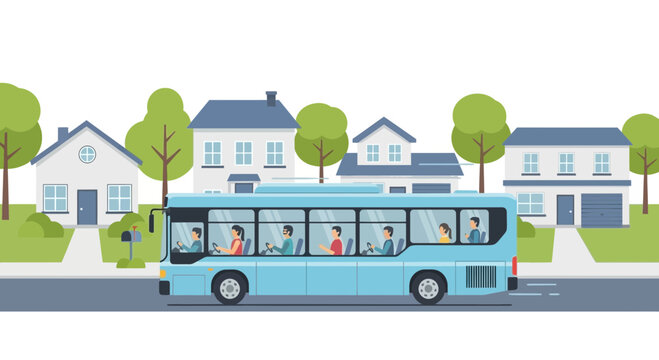 Blue passenger bus driving on suburban street with houses and trees