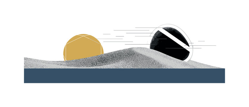 Black and white pebble partially buried in sand texture, oversized mustard geometric circle low behind horizon line, muted navy rectangular base anchoring