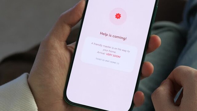 Innovative solution for broken hardware. A user requests a professional master through a mobile app. Notification shows Help is coming with arrival status. Essential footage for household maintenance
