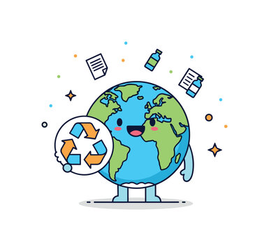 Recycling and caring for the planet illustrated by a happy Earth character holding a recycling symbol with tiny paper and bottle icons nearby, expressing