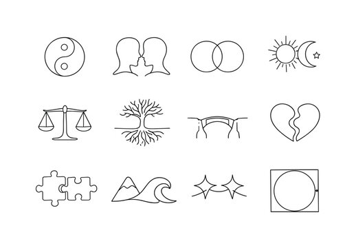 Unity and Duality. Minimalistic set one-line drawing [yin yang symbol, two mirrored profiles, interlocking circles, sun and moon pair, balance scale, tree with