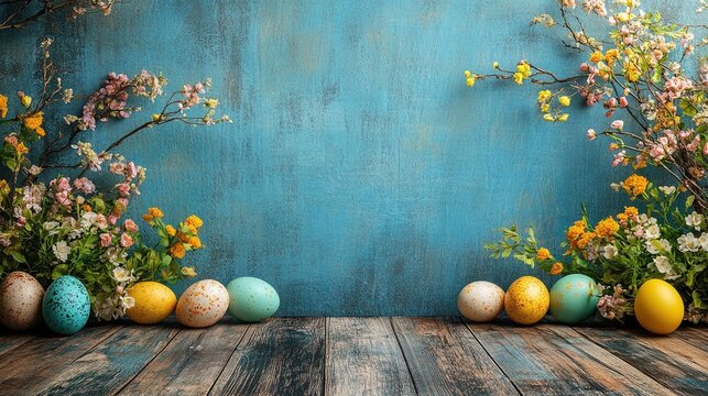 colorful easter eggs on a wooden floor with a blue wall and flowers in the background, an easter photography backdrop studio background.
