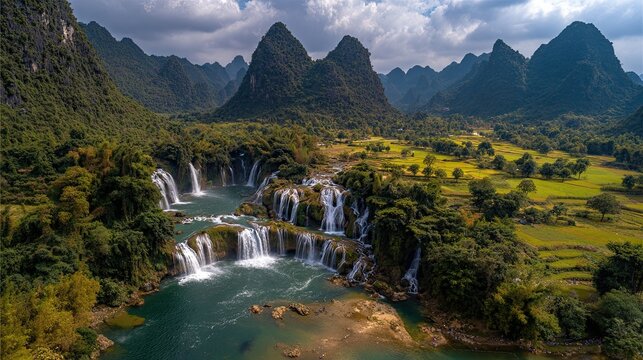 VietNam ban gioc waterfall valley limestone karst islands vietnamese autumn