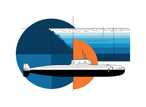 monochrome underwater submarine viewed from side, large deep blue geometric circle behind vessel and orange half-circle intersecting hull, abstract flat blocks