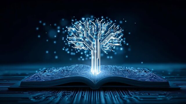 Artificial Intelligence learning concept. A futuristic illustration of artificial intelligence emerging from a digital book with circuit patterns