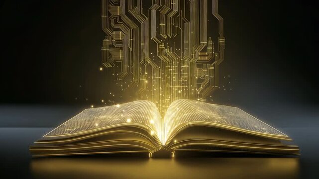 Artificial Intelligence learning concept. A futuristic illustration of artificial intelligence emerging from a digital book with circuit patterns