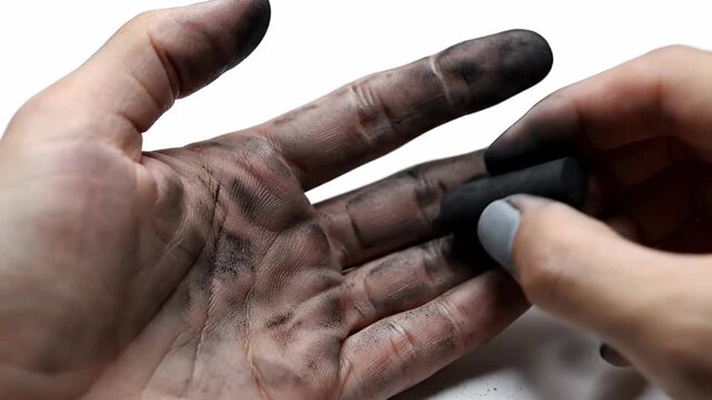 Hand covered in black charcoal dust holding a drawing stick on a white background for artistic creation.