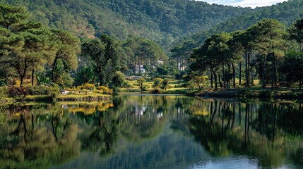 Fototapeta premium VietNam da lat pine forest hills tropical rainforest trees vietnamese spring