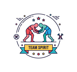 Wrestling sports club branding idea shown as a bold circular emblem featuring two mirrored grappling silhouettes and a small banner area for optional short