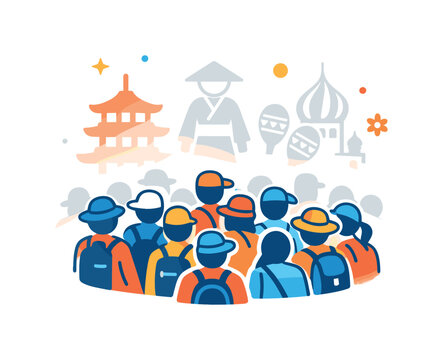 Overtourism backlash local culture erosion concept illustrated by traditional icons fading behind crowds, suggesting loss of authenticity and