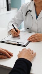 Fototapeta premium A healthcare scene featuring a doctor reviewing documents at a clinic, highlighting patient care and professionalism in a clean medical environment.