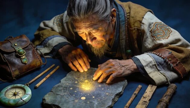 An old man studying a glowing map with various tools