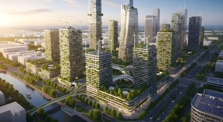 Fototapeta premium Futuristic eco city with green buildings, rooftop gardens and solar panels integrated into architecture, sustainable urban living concept, clean composition, high resolution 8K.