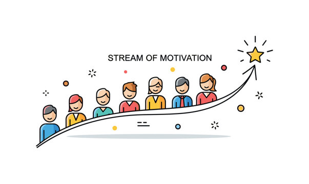 Stream of motivation teamwork inspiration illustration with multiple simplified figures aligned along a curved upward line ending in a small star symbol. The