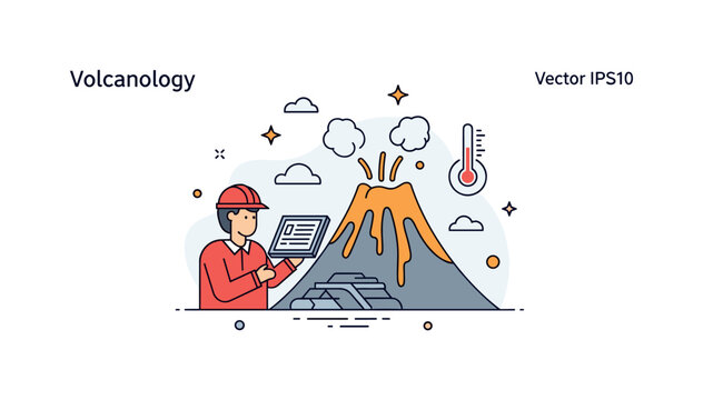 Volcanology specialist studying active volcano represented by a geologist observing a simplified volcano silhouette with lava flow lines, expressing monitoring