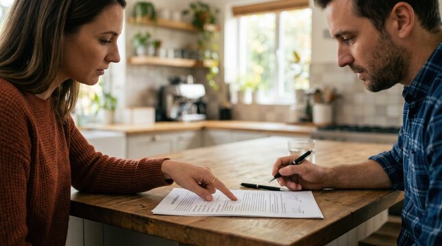 Homebuyers discuss shortterm loan options for upsizing with clearly emphasized hands pointing at contract details amid blurred kitchen surroundings.