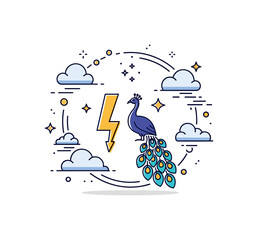 Zeus and Hera celestial rule theme visualized by a circular frame of clouds and stars enclosing a thunderbolt and peacock silhouette, representing dominion