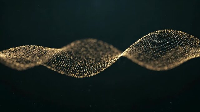 Golden Shimmering Particle Wave Flowing on Dark Abstract Background for Digital Data Visualization