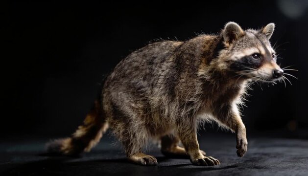 Raccoon in motion, walking across a dark surface