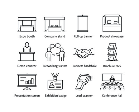 Trade exhibition. Line icon set of trade exhibition: expo booth, company stand, roll up banner, product showcase, demo counter, networking visitors, business