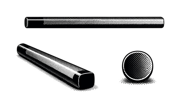 Unsharpened pencil A new unsharpened pencil with flat end, intact lacquered body, and clean geometry shown from side, angled, and end-on views as a single
