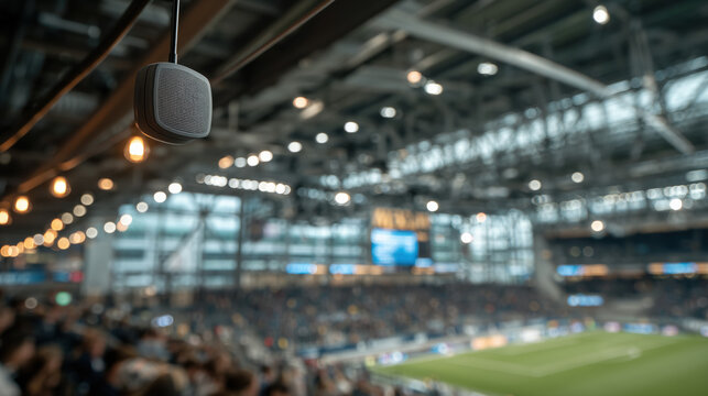 Close up photo of small black antenna installed overhead inside crowded indoor sports stadium with vibrant energetic atmosphere