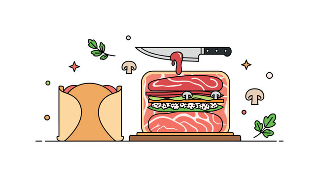 Preparing beef tenderloin wrapped in prosciutto and mushroom duxelles illustrated with layered ingredients neatly arranged before wrapping in pastry,