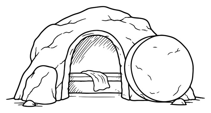 Resurrection empty tomb of Jesus with stone rolled away in hand drawn line art style