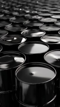 Rows of Black Oil Barrels Filled with Raw Petroleum in Industrial Storage