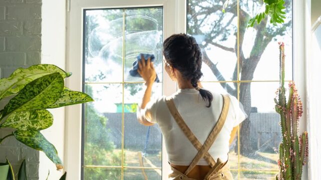 Woman does window cleaning with rubber squeegee and spray bottle, lush plants by the window, spring refresh, cleanliness for home comfort.