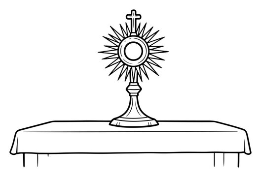 Monstrance for blessed sacrament adoration on altar table in clean line art style